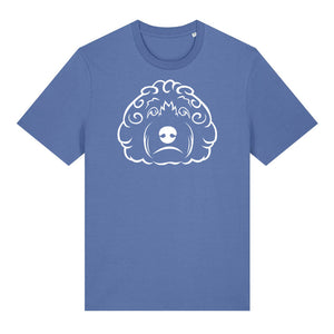 White outline illustration of the head of a Cockapoo on the front of a bright blue unisex t-shirt