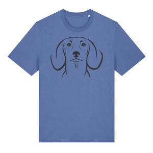 Black outline illustration of the head of a Dachshund on the front of a bright blue unisex t-shirt