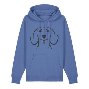 Black outline illustration of the head of a Dachshund on the front of a bright blue unisex Hoodie