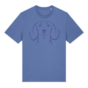 Blue outline illustration of the head of a Dachshund on the front of a bright blue unisex t-shirt