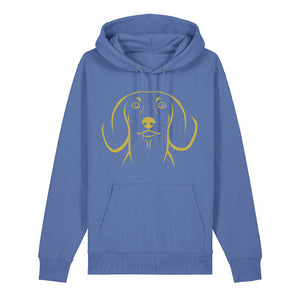 Gold outline illustration of the head of a Dachshund on the front of a bright blue unisex Hoodie