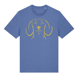 Gold outline illustration of the head of a Dachshund on the front of a bright blue unisex t-shirt