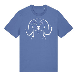 White outline illustration of the head of a Dachshund on the front of a bright blue unisex t-shirt