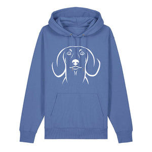 White outline illustration of the head of a Dachshund on the front of a bright blue unisex Hoodie