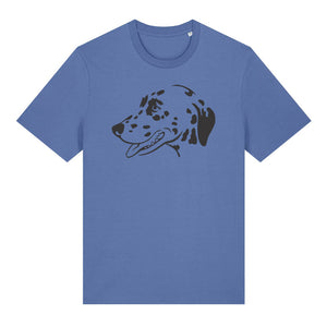 Black outline illustration of the head of a Dalmatian on the front of a bright blue unisex t-shirt