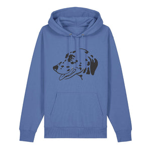 Black outline illustration of the head of a Dalmatian on the front of a bright blue unisex Hoodie