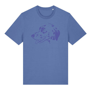 Blue outline illustration of the head of a Dalmatian on the front of a bright blue unisex t-shirt