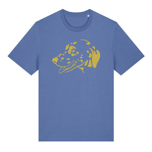 Gold outline illustration of the head of a Dalmatian on the front of a bright blue unisex t-shirt