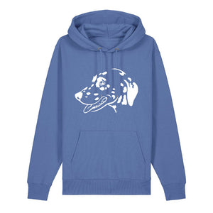 White outline illustration of the head of a Dalmatian on the front of a bright blue unisex Hoodie