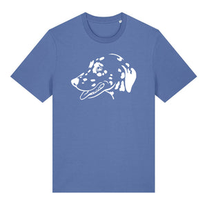 White outline illustration of the head of a Dalmatian on the front of a bright blue unisex t-shirt