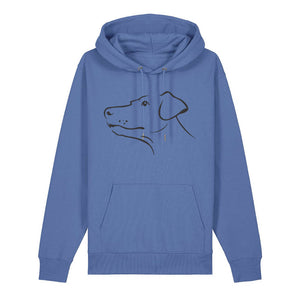 Black outline illustration of the head of a Dobermann on the front of a bright blue unisex Hoodie