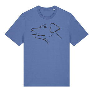 Black outline illustration of the head of a Dobermann on the front of a bright blue unisex t-shirt
