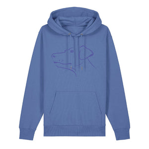 Blue outline illustration of the head of a Dobermann on the front of a bright blue unisex Hoodie