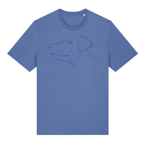 Blue outline illustration of the head of a Dobermann on the front of a bright blue unisex t-shirt