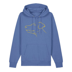 Gold outline illustration of the head of a Dobermann on the front of a bright blue unisex Hoodie