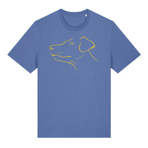Gold outline illustration of the head of a Dobermann on the front of a bright blue unisex t-shirt