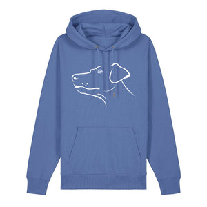 White outline illustration of the head of a Dobermann on the front of a bright blue unisex Hoodie
