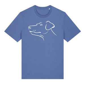 White outline illustration of the head of a Dobermann on the front of a bright blue unisex t-shirt