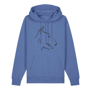 Black outline illustration of the head of an English Bull Terrier on the front of a bright blue unisex Hoodie