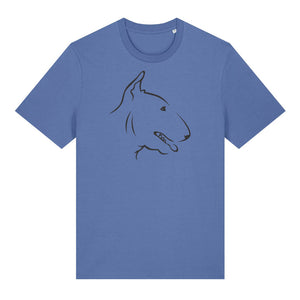 Black outline illustration of the head of an English Bull Terrier on the front of a bright blue unisex t-shirt