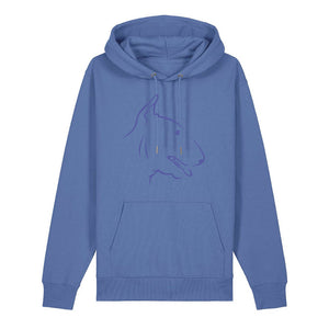 Blueoutline illustration of the head of an English Bull Terrier on the front of a bright blue unisex Hoodie