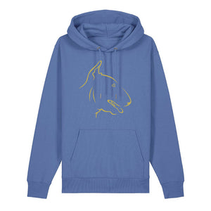 Gold outline illustration of the head of an English Bull Terrier on the front of a bright blue unisex Hoodie