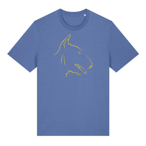 Gold outline illustration of the head of an English Bull Terrier on the front of a bright blue unisex t-shirt