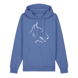 White outline illustration of the head of an English Bull Terrier on the front of a bright blue unisex Hoodie