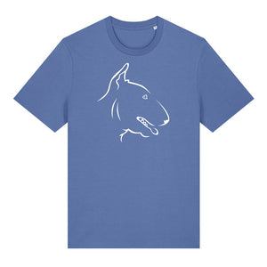 White outline illustration of the head of an English Bull Terrier on the front of a bright blue unisex t-shirt