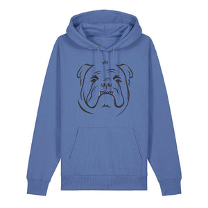 Black outline illustration of the head of an English Bulldog on the front of a bright blue unisex Hoodie