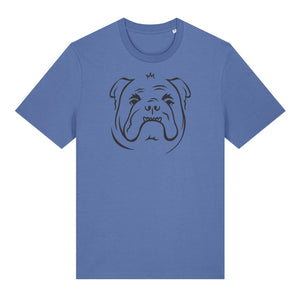 Black outline illustration of the head of a English Bulldog on the front of a bright blue unisex t-shirt