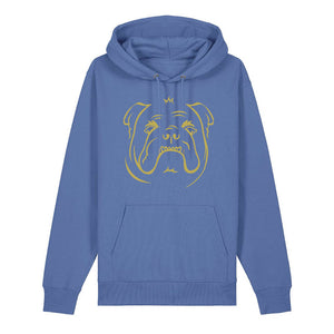 Gold outline illustration of the head of an English Bulldog on the back of a bright blue unisex Hoodie