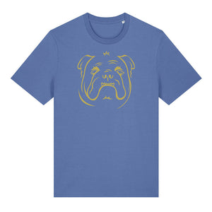 Gold outline illustration of the head of a English Bulldog on the front of a bright blue unisex t-shirt