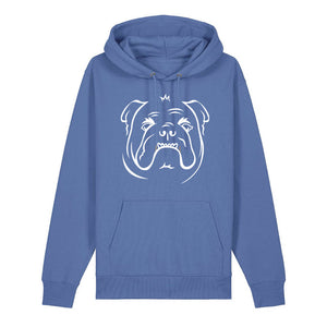 White outline illustration of the head of an English Bulldog on the front of a bright blue unisex Hoodie