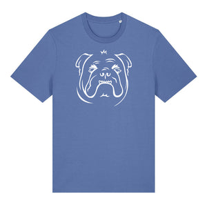 White outline illustration of the head of a English Bulldog on the front of a bright blue unisex t-shirt