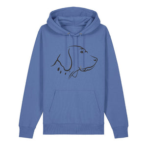Black outline illustration of the head of an English Pointer on the front of a bright blue unisex Hoodie
