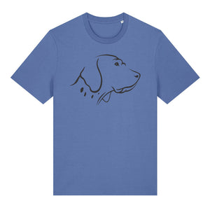 Black outline illustration of the head of an English Pointer on the front of a bright blue unisex t-shirt