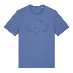 Blue outline illustration of the head of an English Pointer on the front of a bright blue unisex t-shirt