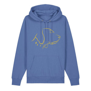 Gold outline illustration of the head of an English Pointer on the front of a bright blue unisex Hoodie
