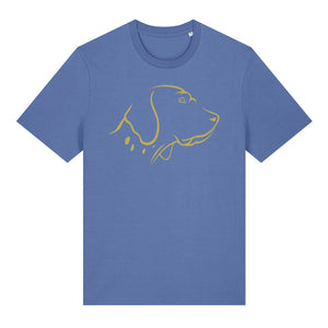 Gold outline illustration of the head of an English Pointer on the front of a bright blue unisex t-shirt