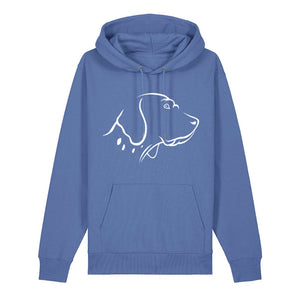 White outline illustration of the head of an English Pointer on the front of a bright blue unisex Hoodie