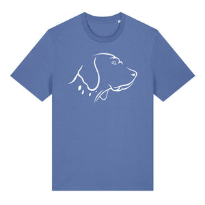 White outline illustration of the head of an English Pointer on the front of a bright blue unisex t-shirt