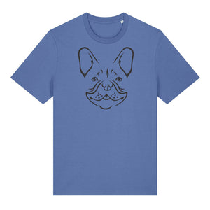 Black outline illustration of the head of a French Bulldog on the front of a bright blue unisex t-shirt