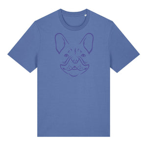 Blue outline illustration of the head of a French Bulldog on the front of a bright blue unisex t-shirt