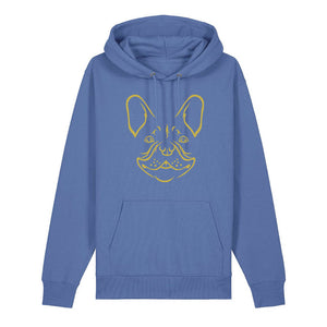 Gold outline illustration of the head of a French Bulldog on the front of a bright blue unisex Hoodie