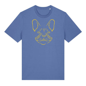 Gold outline illustration of the head of a French Bulldog on the front of a bright blue unisex t-shirt