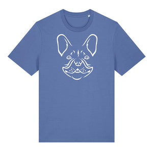 White outline illustration of the head of a French Bulldog on the front of a bright blue unisex t-shirt