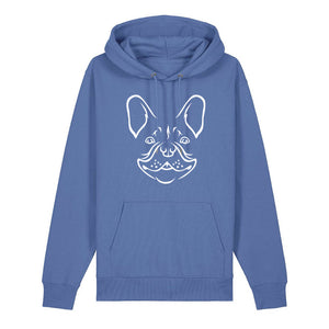 White outline illustration of the head of a French Bulldog on the front of a bright blue unisex Hoodie