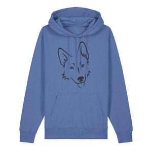 Black outline illustration of the head of a German Shepherd on the front of a bright blue unisex Hoodie