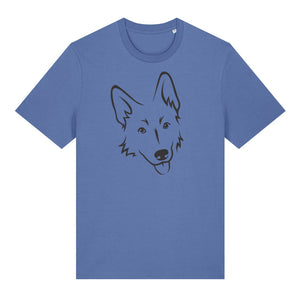 Black outline illustration of the head of a German Shepherd on the front of a bright blue unisex t-shirt